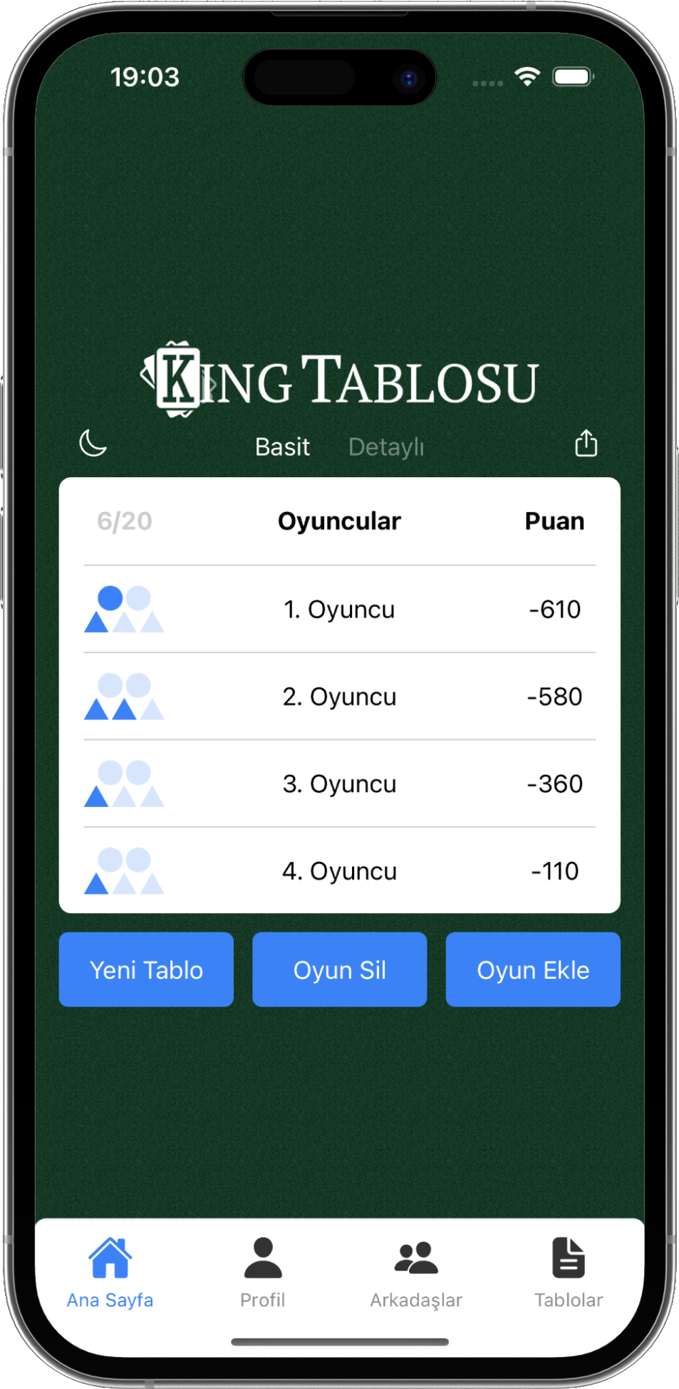 King Tablosu ana ekran
